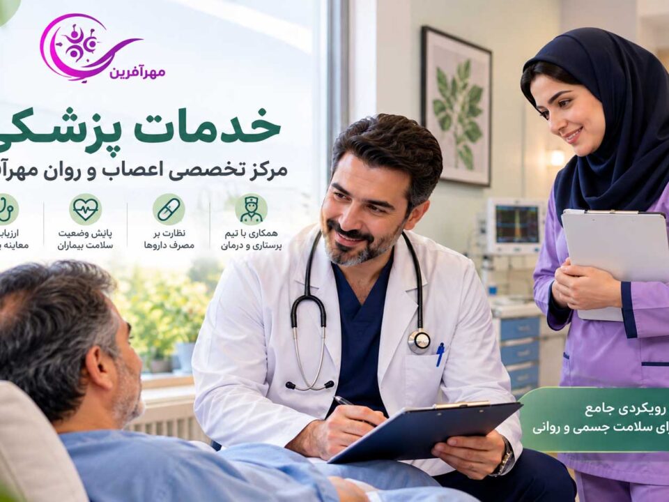 خدمات پزشکی مرکز مهرآفرین شامل معاینه بیماران اعصاب و روان، پایش سلامت جسمی، نظارت بر مصرف دارو و مراقبتهای پزشکی و پرستاری